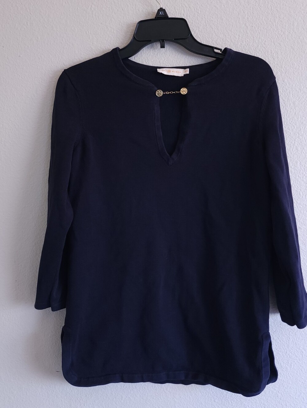 Tory Burch Navy Blue Long Sleeve Keyhole Top with Gold Chain Accent